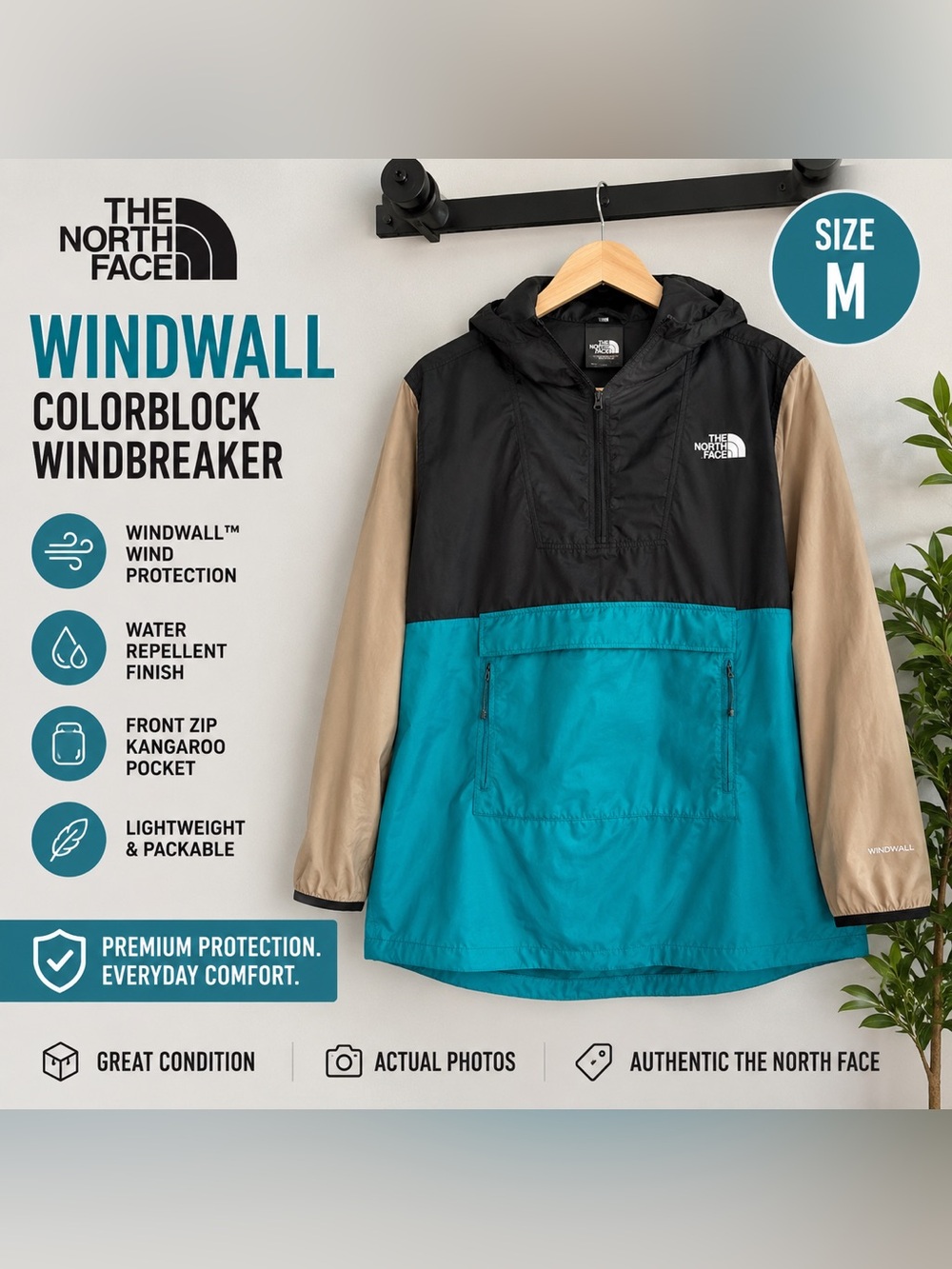 The North Face Colorblock Hooded Windbreaker in Black/Teal/Tan